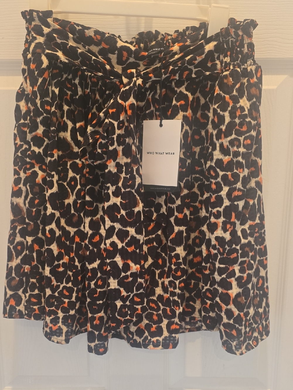 Who What Wear Leopard-Print Tie Waist Mini Skirt in Black, Cream & Orange